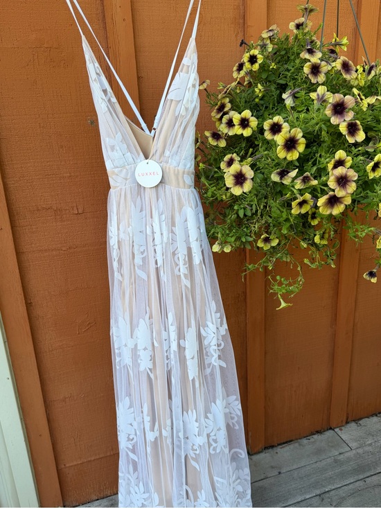 Luxxel Dresses & Skirts - Luxxel Sheer White Floral Lace Maxi with Deep V